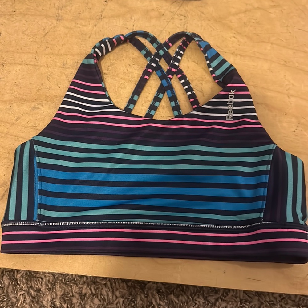 Reebok Athletic Workout Sports Bra--striped on black base. Size L (12-14) girls